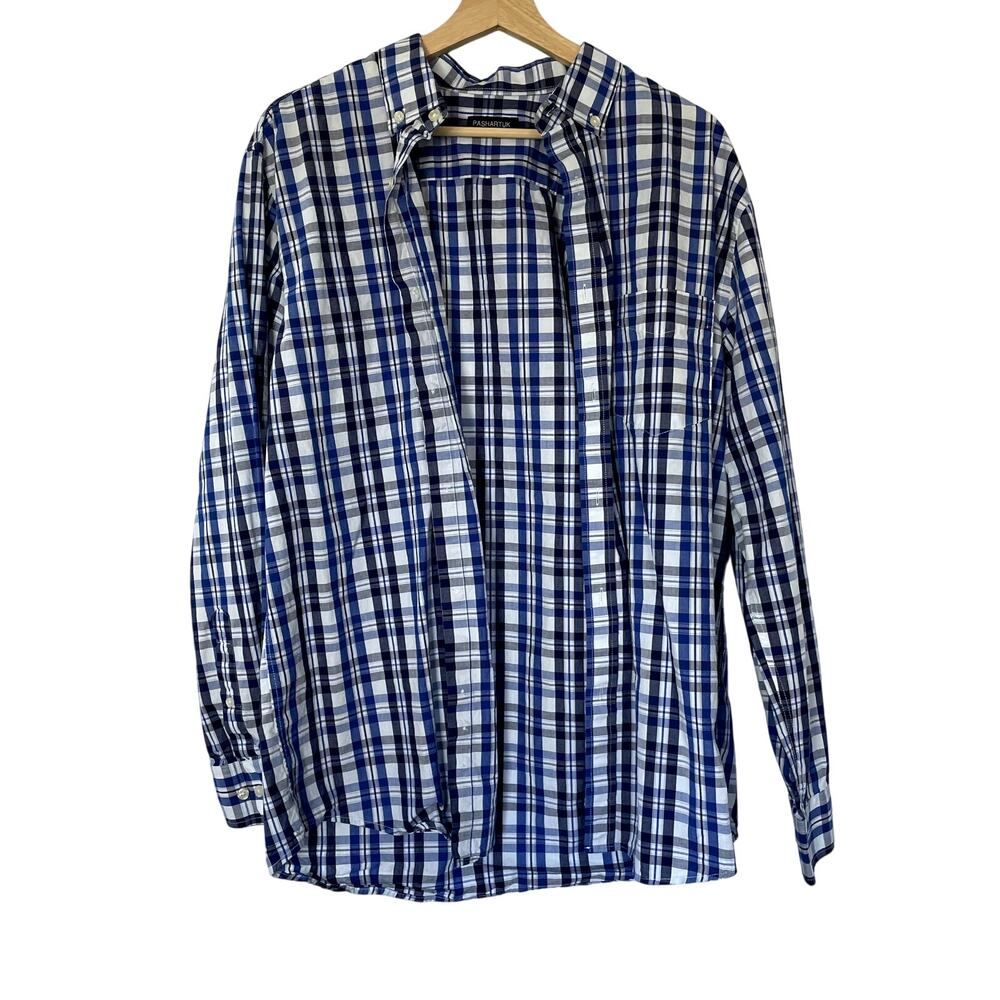 Pashartuk men's size L blue and white checkered button down long sleeved shirt
